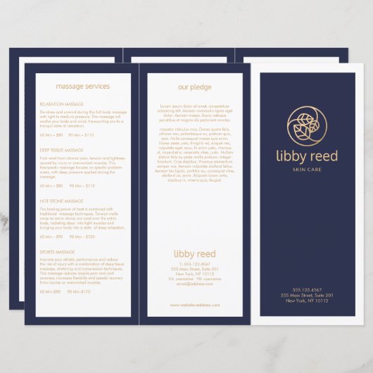 Gold Leaves SkinCare Spa TriFold Navy Brochure (Voorkant / Achterkant)