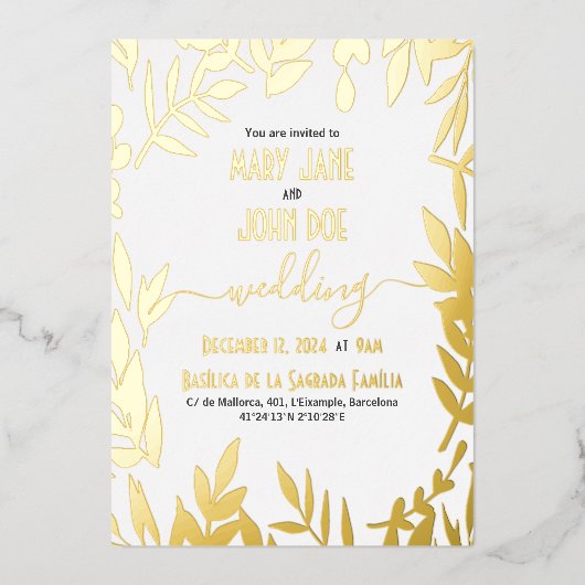 Gold Leaves Wedding Folie Uitnodiging (Voorkant)