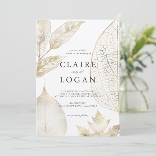 Gold Leaves Wedding Kaart (Staand voorkant)