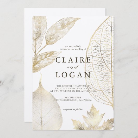 Gold Leaves Wedding Kaart (Voorkant / Achterkant)