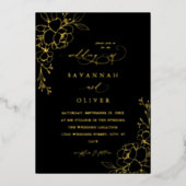 Gold led Floral Black & Gold Wedding Folie Uitnodiging (Voorkant)