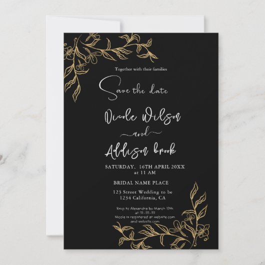 Gold led Floral Black Wedding Kaart (Voorkant)