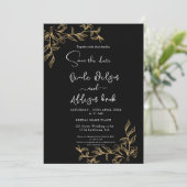 Gold led Floral Black Wedding Kaart (Staand voorkant)