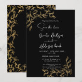 Gold led Floral Black Wedding Kaart (Voorkant / Achterkant)