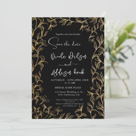 Gold led Floral Black Wedding Kaart (Staand voorkant)