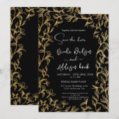 Gold led Floral Black Wedding Kaart (Voorkant / Achterkant)
