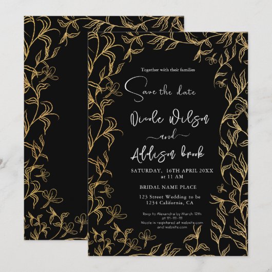 Gold led Floral Black Wedding Kaart (Voorkant / Achterkant)