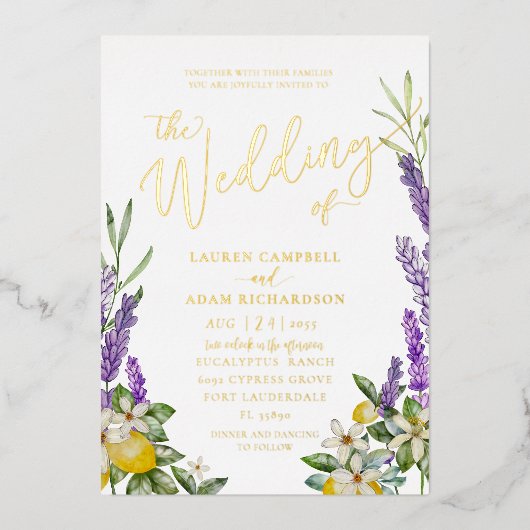 Gold Lemon & Lavender Foliage Wedding Uitnodiging (Voorkant)