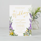 Gold Lemon & Lavender Foliage Wedding Uitnodiging (Staand Voorkant)