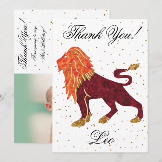 Gold Leo 1st Birthday & Big Photo Hartelijk dank Bedankkaart (Voorkant / Achterkant)