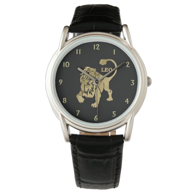 Gold Leo Lion Zodiac op Black Horloge (Voorkant)