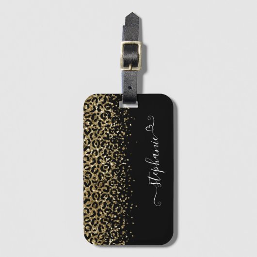 Gold Leopard Glitter Monogram Black Bagagelabel (Voorkant (verticaal))
