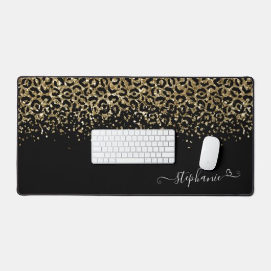 Gold Leopard Glitter Monogram Black Bureaumat (Keyboard & Muis)