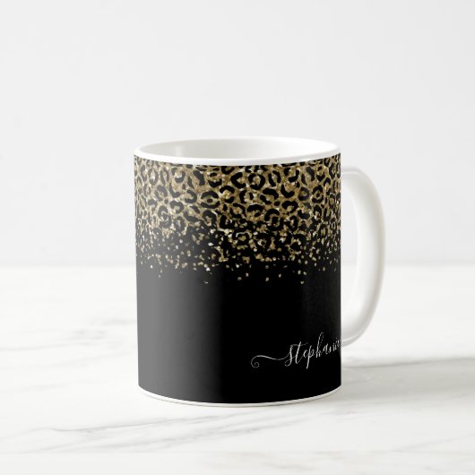 Gold Leopard Glitter Monogram Black Koffiemok (Voorkant rechts)