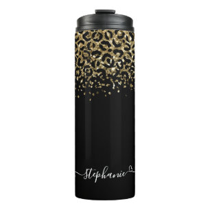 Gold Leopard Glitter Monogram Black Thermosbeker