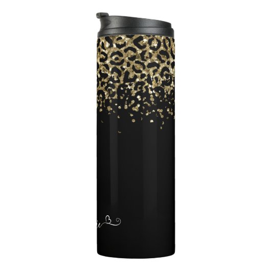 Gold Leopard Glitter Monogram Black Thermosbeker (Geroteerd rechts)