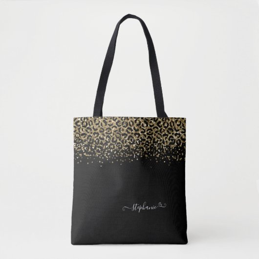 Gold Leopard Glitter Monogram Black Tote Bag (Voorkant)