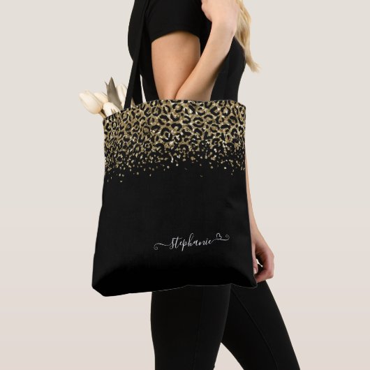 Gold Leopard Glitter Monogram Black Tote Bag (Dichtbij)