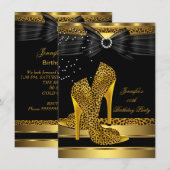 Gold Leopard High Hiel Black Bow Birthday Party 3 Kaart (Voorkant / Achterkant)