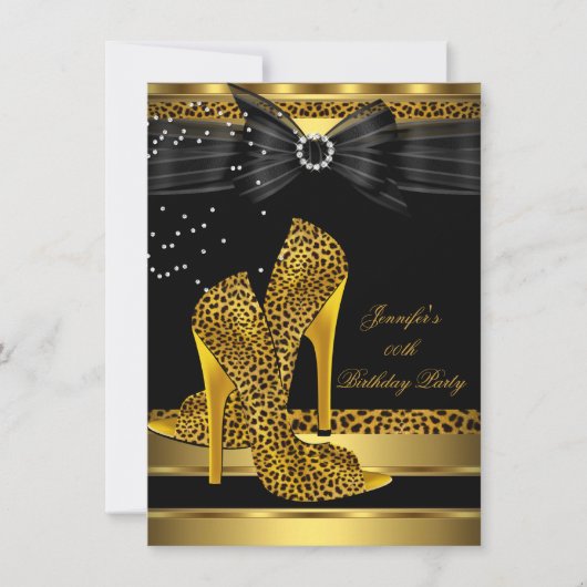 Gold Leopard High Hiel Black Bow Birthday Party 3 Kaart (Voorkant)