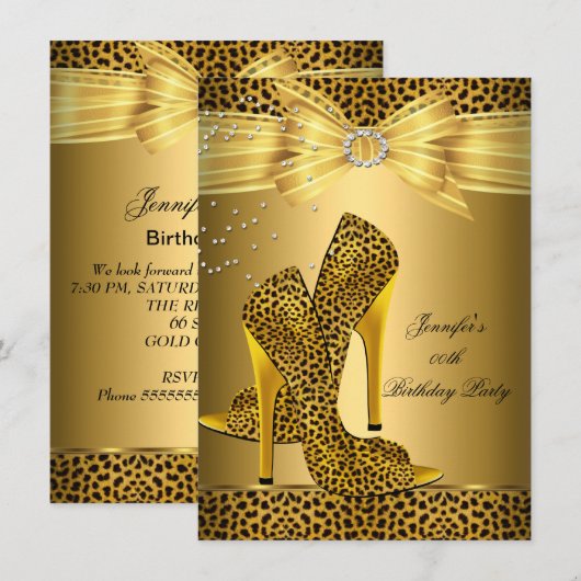 Gold Leopard High Hiel Black Bow Birthday Party Kaart (Voorkant / Achterkant)
