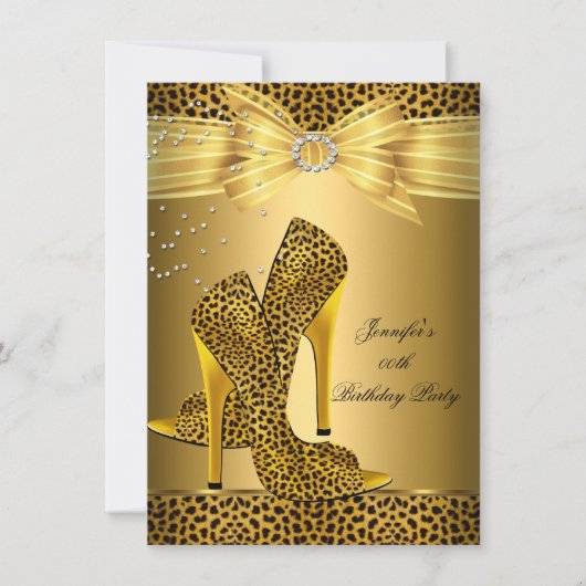 Gold Leopard High Hiel Black Bow Birthday Party Kaart (Voorkant)