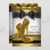 Gold Leopard High Hiel Silver Birthday Party Kaart (Voorkant / Achterkant)