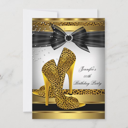 Gold Leopard High Hiel Silver Birthday Party Kaart (Voorkant)