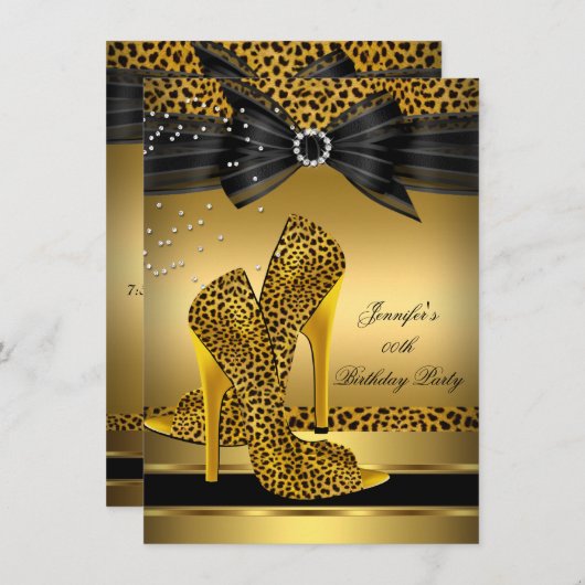 Gold Leopard High Hiel Zwarte Bow Birthday Party 2 Kaart (Voorkant / Achterkant)