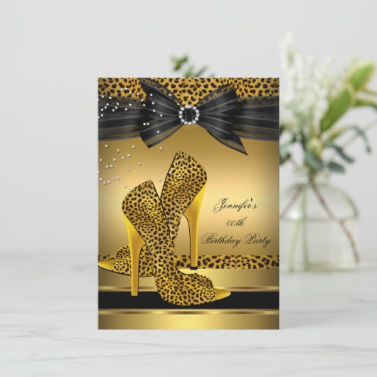 Gold Leopard High Hiel Zwarte Bow Birthday Party 2 Kaart (Staand voorkant)