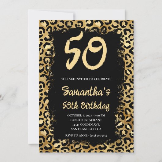Gold Leopard Painted Black 50th Birthday Kaart (Voorkant)