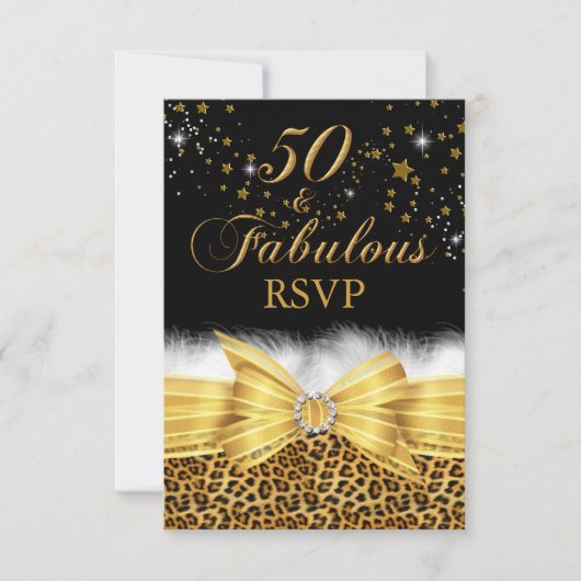 Gold Leopard Print & Bow 50 & Fabulous RSVP Kaart (Voorkant)