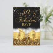 Gold Leopard Print & Bow 50 & Fabulous RSVP Kaart (Staand voorkant)