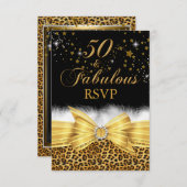 Gold Leopard Print & Bow 50 & Fabulous RSVP Kaart (Voorkant / Achterkant)