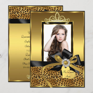 Gold Leopard Print Bow Foto Quinceanera Uitnodigen Kaart