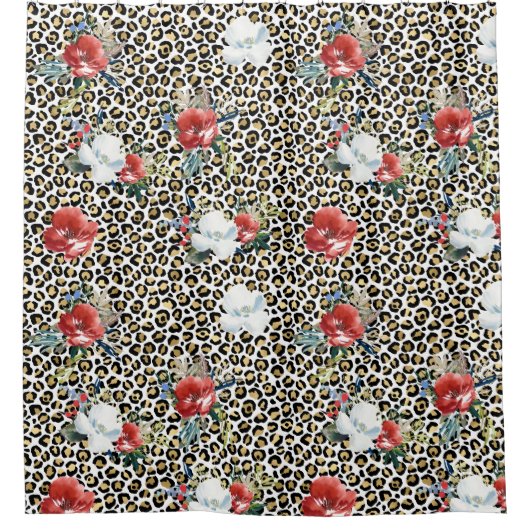 Gold Leopard Print Floral Douchegordijn (Voorkant)