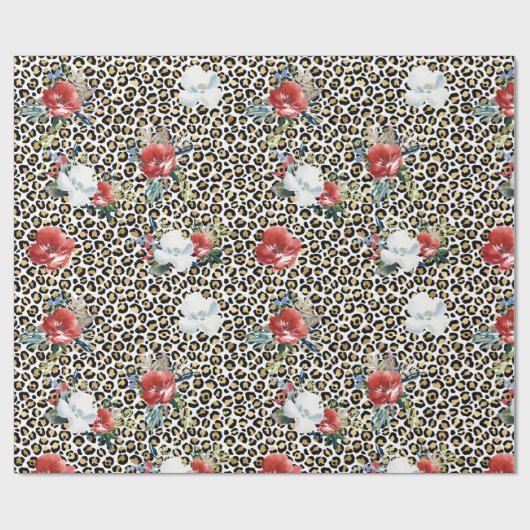 Gold Leopard Print Red White Floral Cadeaupapier (Vlak)