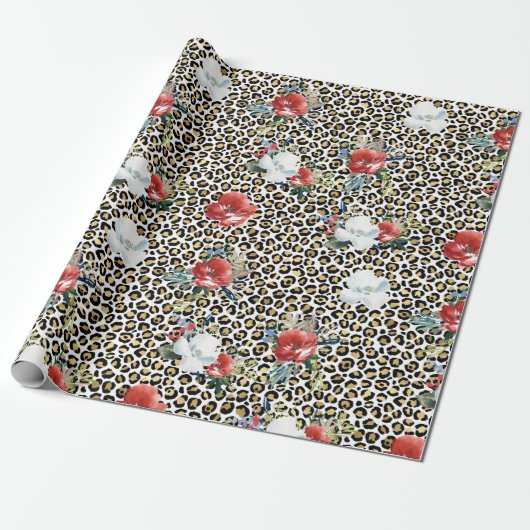 Gold Leopard Print Red White Floral Cadeaupapier (Uitgerold)