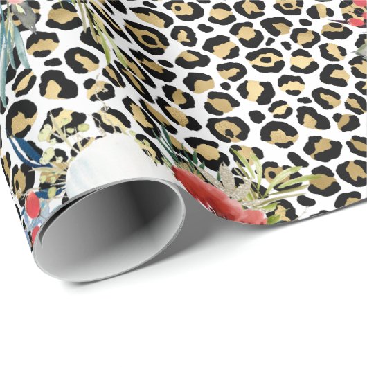 Gold Leopard Print Red White Floral Cadeaupapier (Rol Hoek)