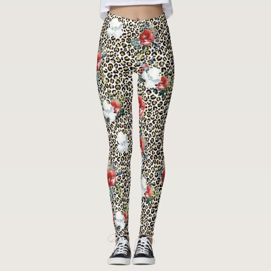 Gold Leopard Print Red White Floral Leggings (Voorkant)