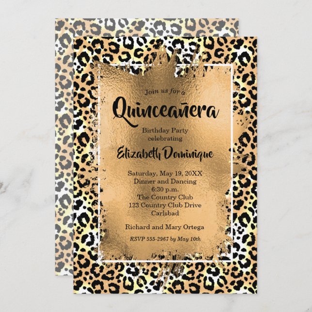 Gold Leopard Quinceañera Birthday Party Invitation (Voorkant / Achterkant)