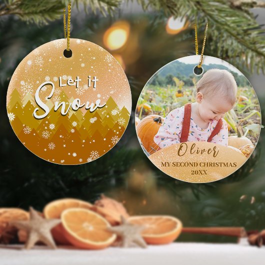 Gold Let It Snow Baby's Tweede Kerstfoto Keramisch Ornament