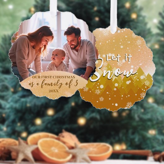 Gold Let It Snow Foto 1e kerstfamilie van 3 Ornament Kaart