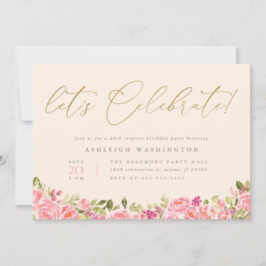 Gold Let's Celebrate Floral Surprise Birthday Kaart (Voorkant)