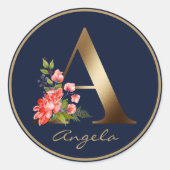 Gold Letter A Elegant Navy Floral Monogram Ronde Sticker (Voorkant)