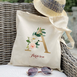 Gold Letter A en Blush Floral op maat Tote Bag