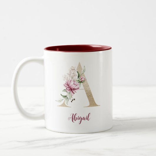 Gold Letter A, Monogram A, Roze Floral geeft haar Tweekleurige Koffiemok (Links)