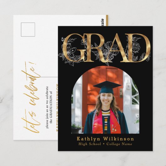 Gold Letter AFSTUDEERDER Floral Photo Afstudeerder Briefkaart (Voorkant / Achterkant)