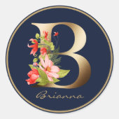 Gold Letter B Elegant Navy Floral Monogram Ronde Sticker (Voorkant)