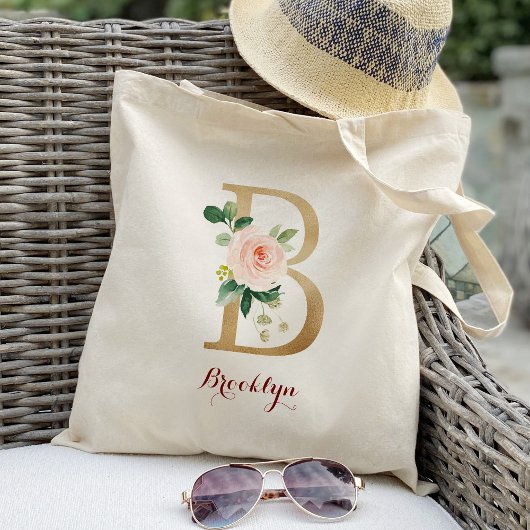 Gold Letter B en Blush Floral op maat Tote Bag